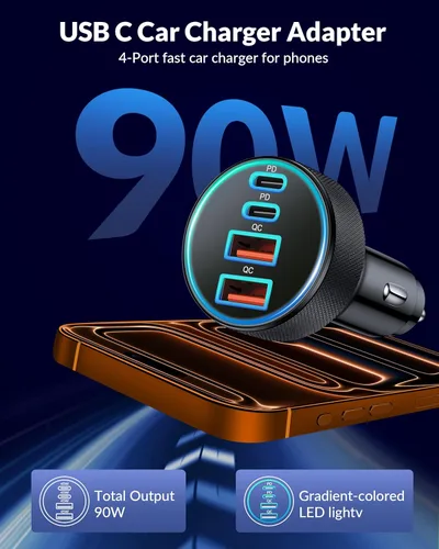 Miniatura 2 de Cargador de Coche USB C, Cargador de Teléfono de Coche de 4 Puertos 90W de Carga Súper Rápida Accesorios de Cargador de Coche Dual USB-C y USB-A