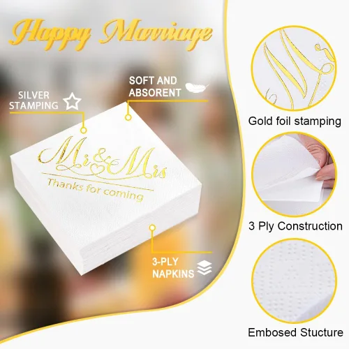 Miniatura 3 de Paquete de 100 servilletas de cóctel de papel con diseño dorado, cena formal, aniversario, servilletas de boda para mesas, habitaciones