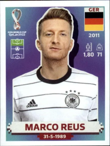 Adhesivo de fútbol de la Copa Mundial Panini 2022 #GER18 Marco Reus Alemania Group E - Adhesivo oficial del Álbum del WC de Qatar en bruto (NM o