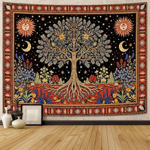 Miniatura 11 de Lunerfex Tapiz de árbol de la vida, tapiz de pared de fase lunar, tapices verdes para dormitorio, techo, tapices para colgar en la pared