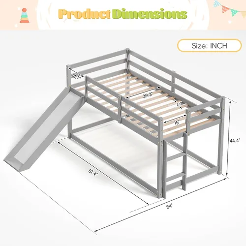 Miniatura 2 de MU Litera baja con tobogán, litera individual sobre individual, marco de cama de madera maciza con escalera de escalada y riel de protección de Gris