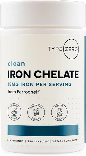 Type Zero Cápsulas de quelato de hierro (18 mg, 240 cápsulas) de quelato de bisglicinato ferroso Ferrochel, sin OMG y sin gluten
