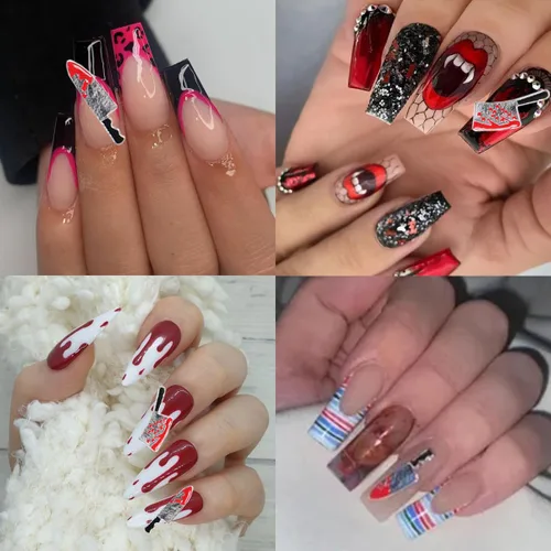 Miniatura 3 de Abalorios de aleación para uñas de Halloween, cuchillo plateado y rojo de terror, gemas de uñas con cuchillo sangriento metálico 3D, dijes de arte