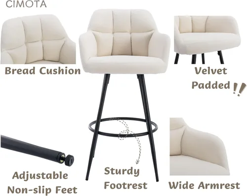 Miniatura 3 de CIMOTA Taburetes de bar modernos de terciopelo de altura de barra, color crema, altura del asiento de 30 pulgadas 30'' de altura terciopelo beige