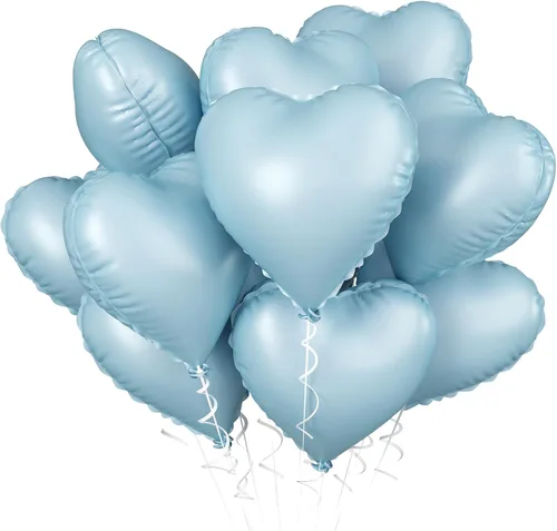 Miniatura 13 de Globos de corazón azul bebé, 10 piezas de globos en forma de corazón azul claro y blanco pastel, globos de papel de aluminio blanco arena crema