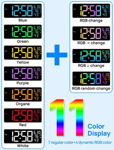 Miniatura 3 de MASHI Reloj digital grande de montaje en pared de 17.3 pulgadas, reloj digital con control remoto, alarma, LED grande, color RGB, DST, temperatura