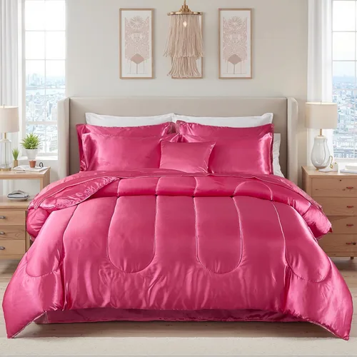 Miniatura 20 de Bedding_Dreamer Juego de edredón sedoso negro de satén en una bolsa, 8 piezas de ropa de cama sedosa de hotel de lujo con 1 edredón, 1 sábana