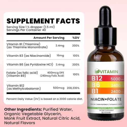 Miniatura 3 de Gotas líquidas de vitamina B12 y B6, complejo de vitamina B sublingual B12 - Vitamina B 12 5000mcg - B12 metilcobalamina para energía, cerebro