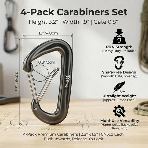Miniatura 3 de Clips de Mosquetón de Servicio Pesado 12KN - Favofit Mosquetones Pequeños de 3.2'' para Senderismo Camping Hamacas Llaves Llaveros Correas