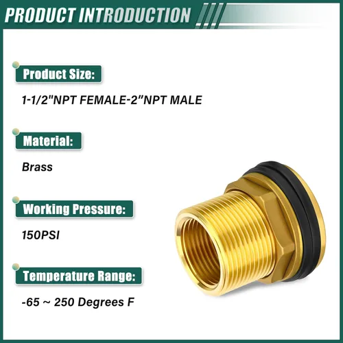 Miniatura 3 de Conector de tanque de agua de latón, 1-1/2 "NPT hembra 2" NPT macho, adaptador de tanque de mamparo, con anillo de goma, para torres de agua/varias