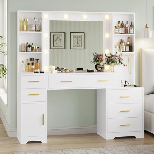 Miniatura 7 de Hasuit Juego de tocador grande de 48.8'' con espejo iluminado y toma de corriente, mesa de maquillaje blanca con 6 cajones, 4 estantes y 1 gabinete