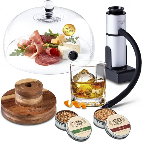 Miniatura 12 de Kit de ahumado de whisky de acacia Smoky Crafts con pistola ahumadora y astillas de madera (manzana y cereza) - Kit de ahumado de bebidas - Juego