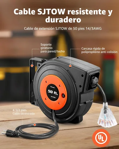Miniatura 3 de DEWENWILS Carrete de cable de extensión retráctil, cable de alimentación resistente de 50 pies, 14AWG/3C SJTOW, 3 tomas de tierra con triple llave
