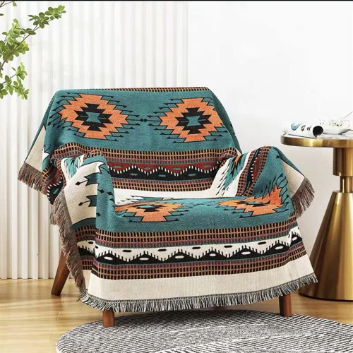 Miniatura 2 de Homesy Manta bohemia del suroeste reversible verde azteca del suroeste para sofá, silla, hogar, exterior, playa, tienda de campaña, viajes