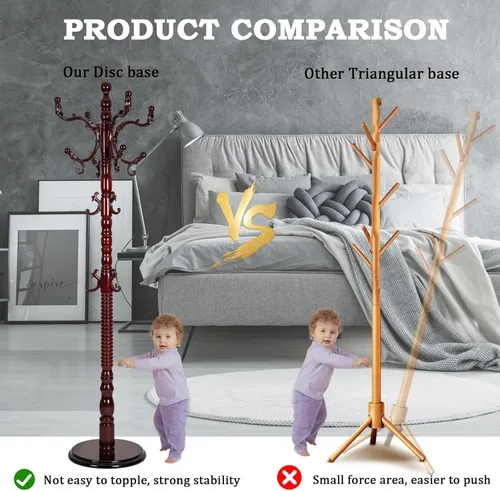Miniatura 4 de Percheros de pie con 14 ganchos, perchero de madera natural con base redonda sólida, percheros de altura ajustable, fácil montaje para pasillo