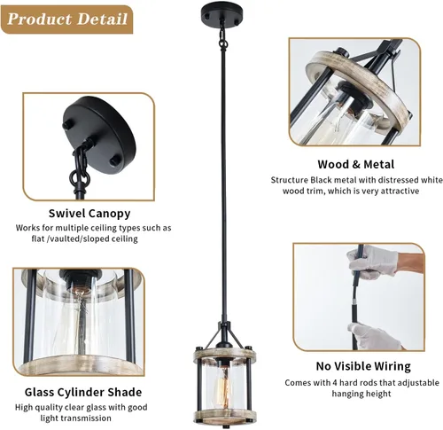 Miniatura 5 de Lámpara Colgante de Granja, Accesorios de Luz Colgante de Madera Blanca Rústica y Jaula de Metal con Vidrio, 43 Pulgadas Ajustable para Techo Plano
