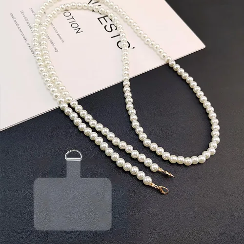 Miniatura 5 de Correa cruzada de perlas para teléfono, cadena con cuentas de perlas para el hombro, con parches de amarre para teléfono, compatible con la mayoría