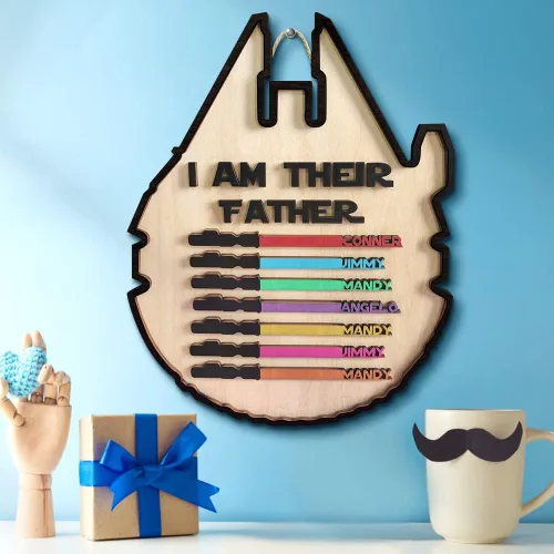Letreros de madera personalizados con nombres y sables de colores personalizados con texto en inglés "I AM THEIR THEIR Father", grabado con nombre