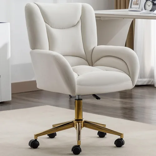 Bonita silla de tocador con respaldo para dormitorio, silla de oficina de terciopelo blanco, cómoda para oficina, altura ajustable, giratoria de 360