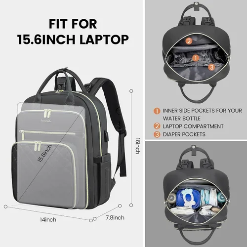 Miniatura 6 de LOVEVOOK Bolsa de pañales para bebé, mochila impermeable para pañales con puerto de carga USB para bebé, gran capacidad para laptop de 15.6 Gris