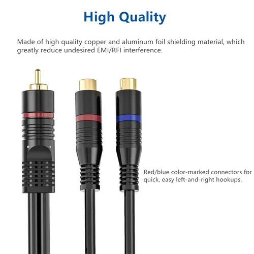 Miniatura 4 de Divisor RCA, paquete de 2 cables RCA macho a RCA hembra dual RCA hembra, adaptador estéreo a mono, cable de audio chapado en oro de 8 pulgadas