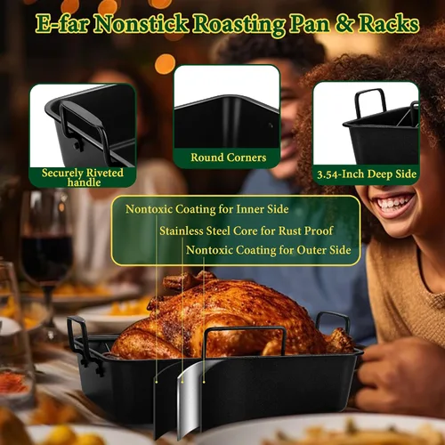 Miniatura 3 de E-far Bandeja para asar con rejillas, asador pequeño de pavo de acero inoxidable con rejilla en forma de V y rejilla de enfriamiento para horno