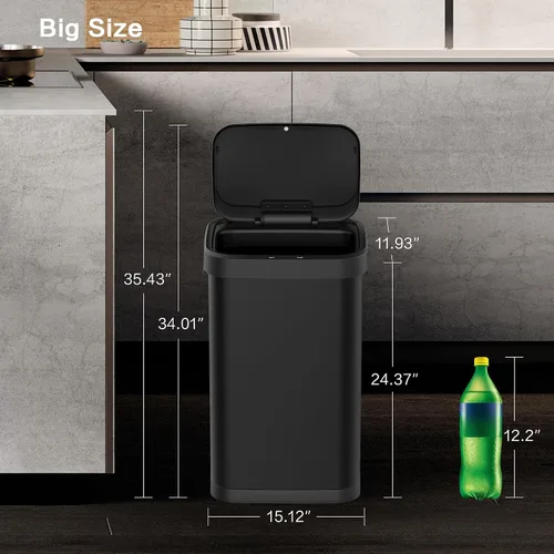 Miniatura 7 de Cubo de basura de acero inoxidable con sensor sin contacto de 13 galones, diseño rectangular ancho, acabado cepillado, tapa automática para el Negro