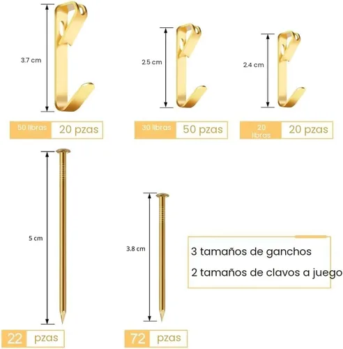 Miniatura 2 de Kit de 184 piezas para colgar cuadros, colgadores de cuadros de 20lb, 30lb y 50lb, ganchos metálicos para colgar cuadros con clavos, en paneles