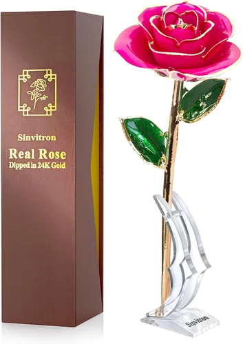 Miniatura 19 de Sinvitron Rosa Infinita Bañada en Oro - Rosa Eternamente Preservada en Resina Flor Eterna para Decoración de Cumpleaños, Día de la Madre, Rojo