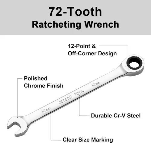 Miniatura 3 de Jetech - Llave combinada de trinquete de 10 mm, llave de carraca de grado industrial con trinquete de 12 puntas y 72 dientes, acero Cr-V forjado