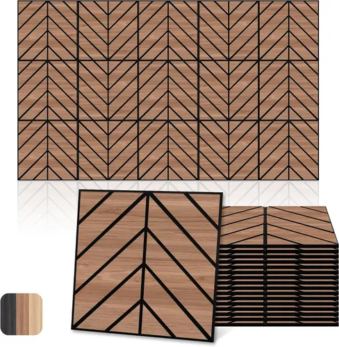 Miniatura 10 de Mollywell Paneles acústicos, decoración de grano de madera de PVC, azulejos de pared con patrón tallado de 12 x 12 pulgadas, autoadhesivos