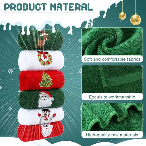 Miniatura 5 de Macarrie 12 toallas de mano navideñas para baño, cocina, paños de cocina de algodón, absorbentes, rojo, verde, blanco, regalos de Navidad
