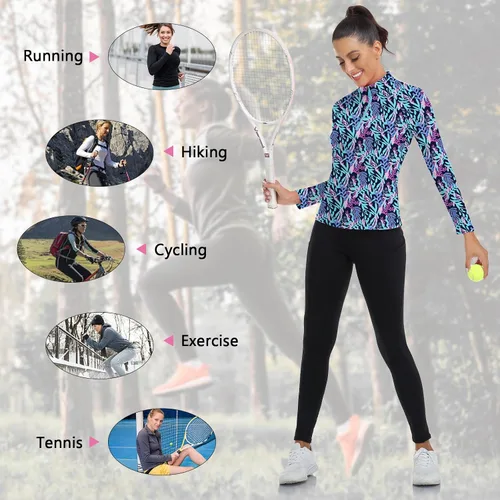 Miniatura 99 de WOWENY Camiseta deportiva de manga larga para mujer, con cremallera de un cuarto, cuello para entrenamiento, camiseta de tenis con estampado