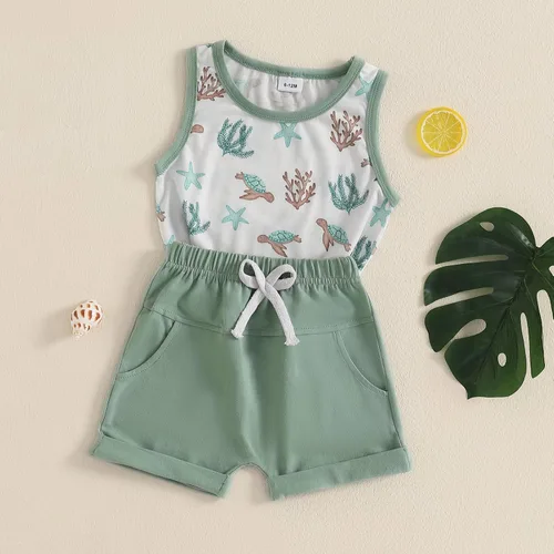 Miniatura 51 de Ropa de bebé niño sin mangas + pantalones cortos con estampado a rayas con bolsillos, 2 piezas de trajes de verano