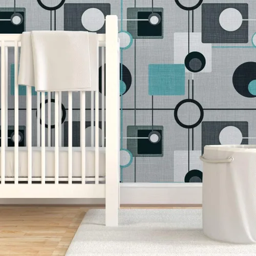 Miniatura 6 de Papel tapiz para despegar y pegar – Orbs Squares Grey Aqua Black White Vintage Blue Retro Circles Papel pintado personalizado extraíble por