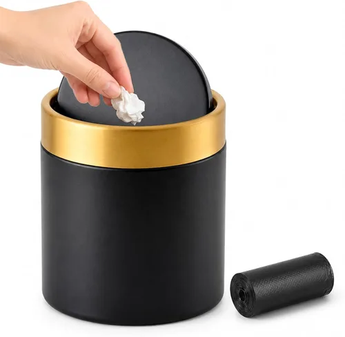 Mini bote de basura con tapa, pequeño cubo de basura de metal para escritorio con tapa oscilante, cubo de basura de encimera de 0.4 galones para