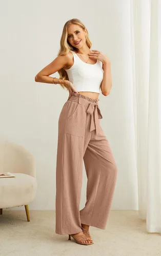 Miniatura 5 de IWOLLENCE - Pantalones de pierna ancha para mujer con bolsillos, cintura alta, nudo ajustable, holgados, casuales, para trabajo y negocios