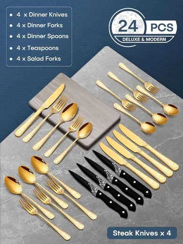 Miniatura 7 de EUIRIO Juego de cubiertos dorados de 24 piezas con cuchillos para carne, juego de cubiertos de acero inoxidable para 4, cubiertos dorados con láser