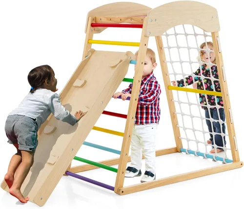 Miniatura 8 de Costzon Gimnasio interior de la selva, juguetes de escalada Montessori 6 en 1 para niños pequeños con tobogán de doble cara, escalada de roca/red