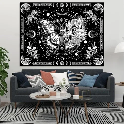 Miniatura 6 de Fungarth Tapiz de Esqueleto y Mariposa Blanco y Negro Calavera Hongos Plantas Tapices Hippie Estético Tapiz Colgante de Pared para Dormitorio Sala