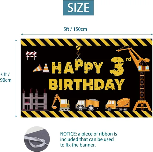 Miniatura 2 de Joyiou Cartel de fondo de decoración de feliz tercer cumpleaños con tema de construcción para niños y niños, tres años de edad, camión volquete