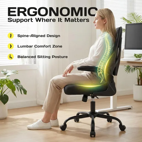 Miniatura 4 de Silla de oficina ergonómica, 300 libras, silla de computadora de malla resistente con soporte lumbar ajustable, brazos abatibles de 90° que ahorran