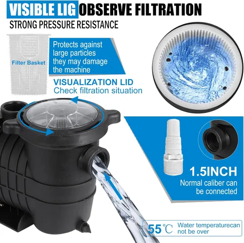 Miniatura 5 de TOPDEEP Bomba de piscina de 1.5 HP para enterrar, bomba de piscina autorecortable sobre el suelo, bombas de piscina de una sola velocidad de doble