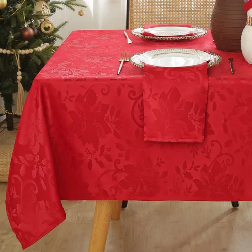 Miniatura 11 de SASTYBALE Mantel rectangular de Navidad, mantel jacquard verde de 60 x 102 pulgadas con patrón floral de flor de pascua, mantel de tela de damasco