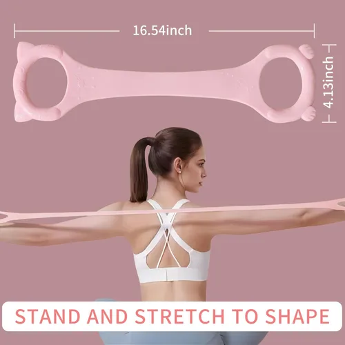 Miniatura 4 de Figura 8 Banda de resistencia de fitness con asas, cuerda elástica de entrenamiento de brazo y espalda para entrenamiento de barra pura, pecho, Rosa