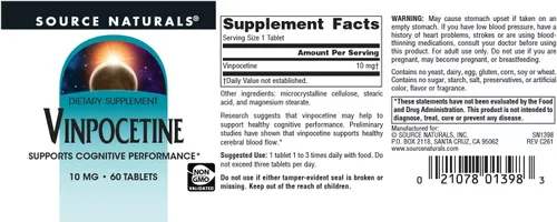 Miniatura 4 de Source Naturals Vinpocetine Tablets, Apoya el Rendimiento Cognitivo*, 10 mg - 60 Tabletas
