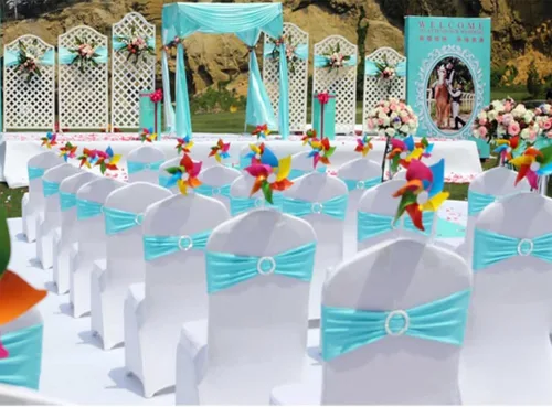 Miniatura 5 de Paquete de 50 bandas elásticas para sillas de bebé azul para boda, bandas elásticas de licra con hebilla deslizante, arcos de sillas de spandex
