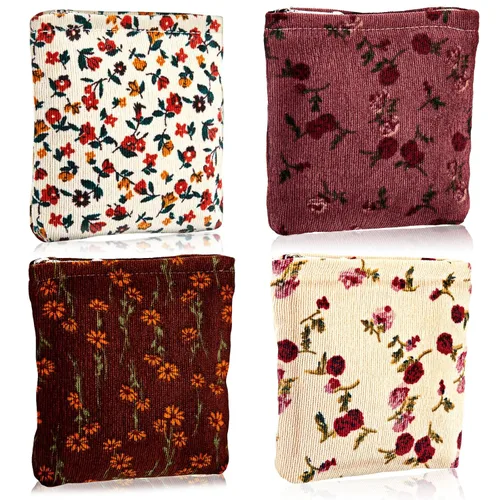 Miniatura 8 de Abbylike 4 piezas de bolsa de maquillaje floral, bolsa de cosméticos de pana con cremallera, pequeñas bolsas portátiles para bolso, mini bolsa