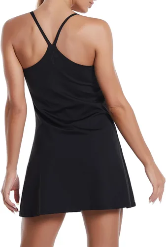 Miniatura 2 de Vestido de tenis sin mangas para mujer con brasier y pantalones cortos integrados para entrenamiento de golf, vestidos atléticos con bolsillos