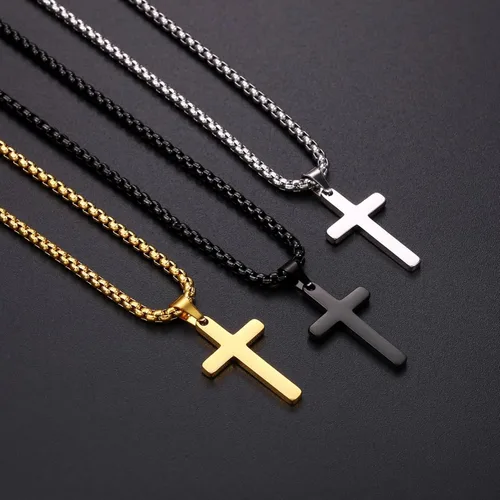 Miniatura 5 de Ursteel Collar de cruz para hombre, acero inoxidable, plateado, negro, oro, cadena de cuerda en capas, collar con colgante de cruz, joyería simple